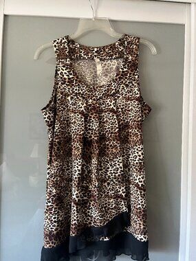 ICY BLOUSE Leopard Print black chifon on bottom Sz L Tummy Cover flap Gorge! #30